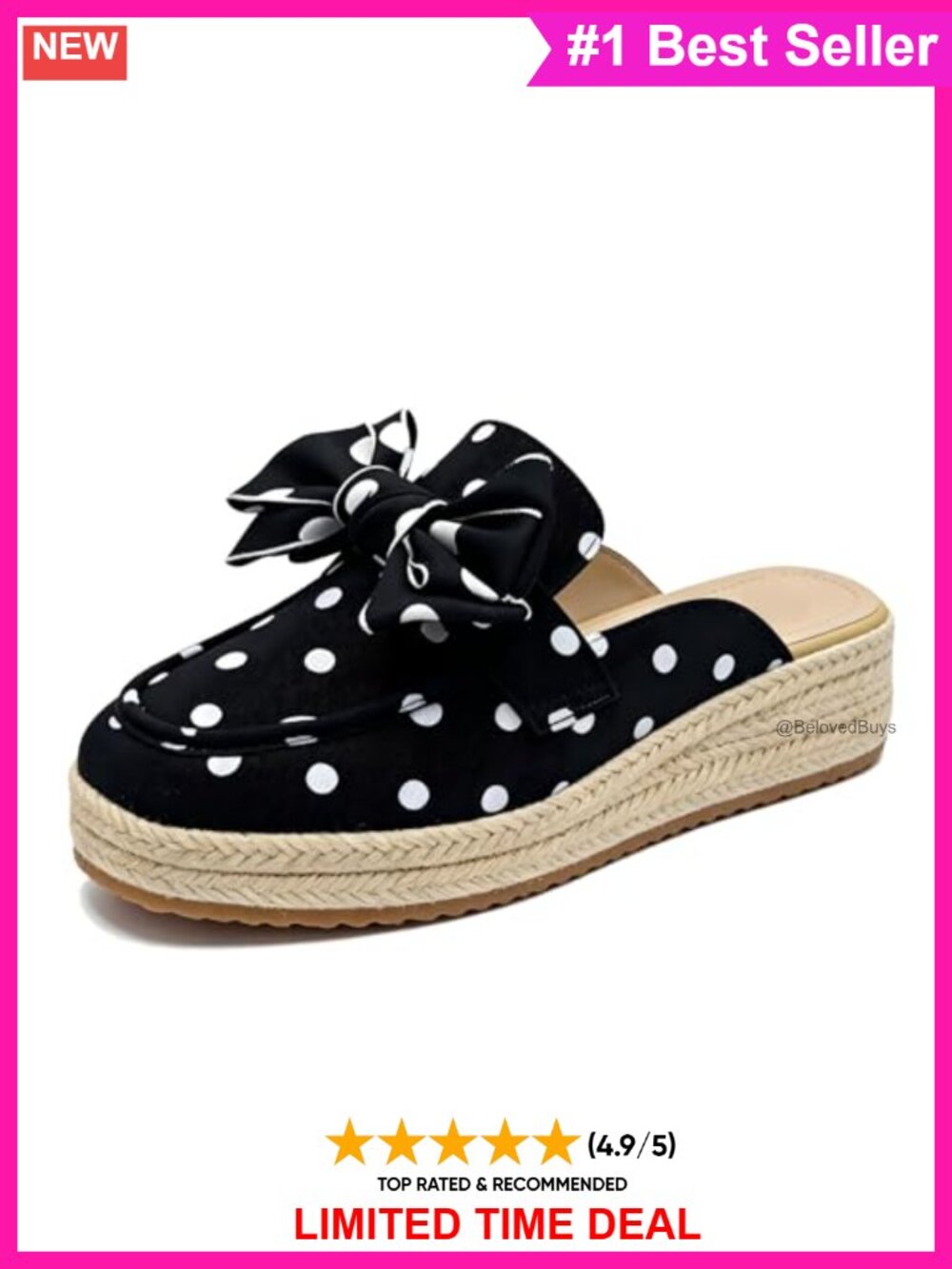 Women Espadrille Mules Polka Dot Closed Toe Bow Platform Wedge Slip-On Sandals